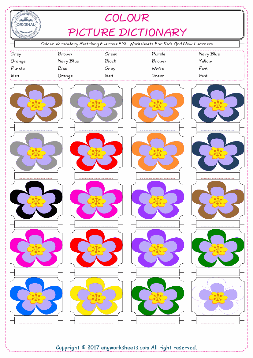  Colour for Kids ESL Word Matching English Exercise Worksheet. 